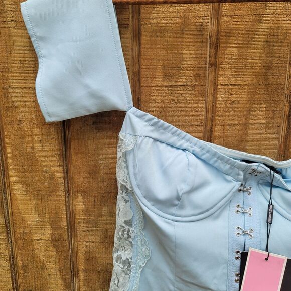 PrettyLittleThing Blue Lace Inset Hook & Eye Bardot Bodycon Dress Womens Size 6 - Picture 2 of 12